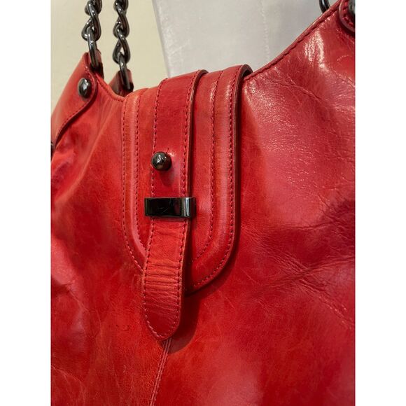 ~ Kenneth Cole NY leather bag shoulder purse brick red, double strap metal chain - Picture 5 of 16